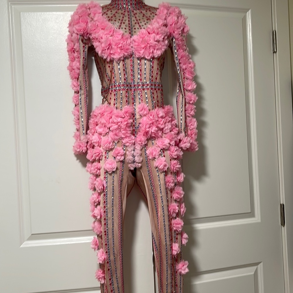 Pink rhinestone and flower embellished bodysuit. Front and back embellished.